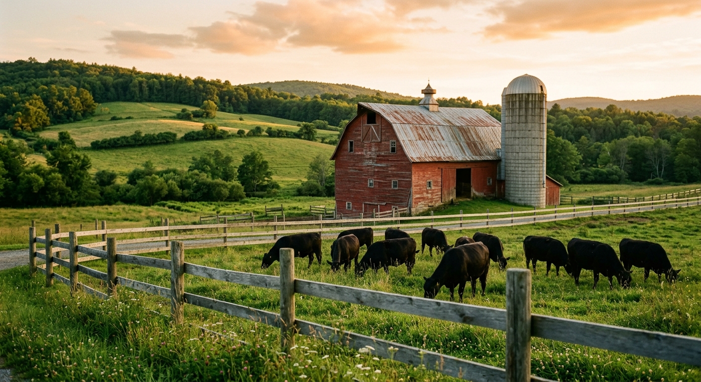 A red barn and grazing black Angus cattle on a green family farm