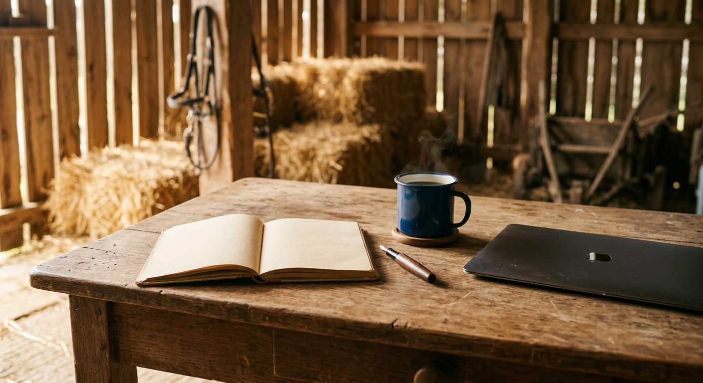 A barn desk with an open notebook and coffee, set up for farm business planning