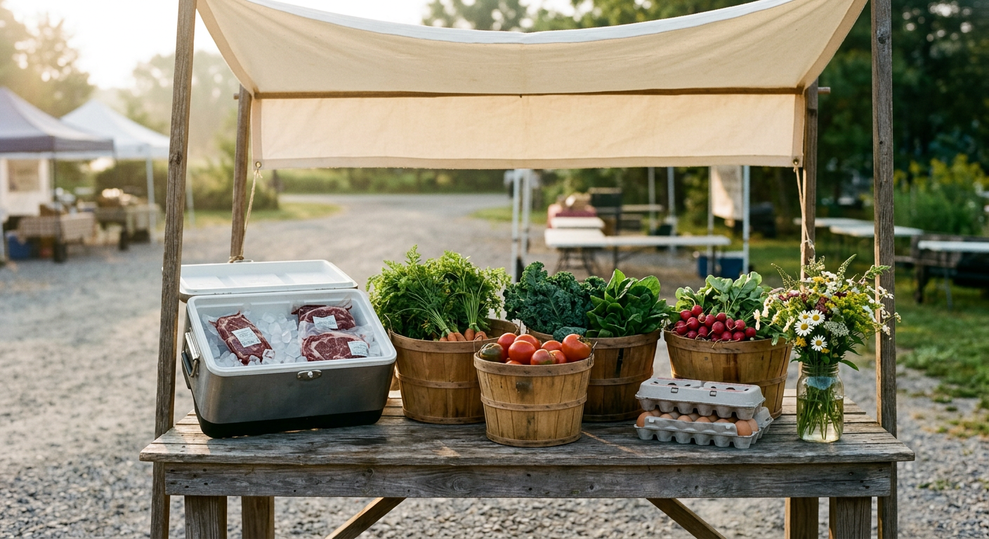 A farm stand of grass-fed beef, fresh vegetables and eggs at a farmers market