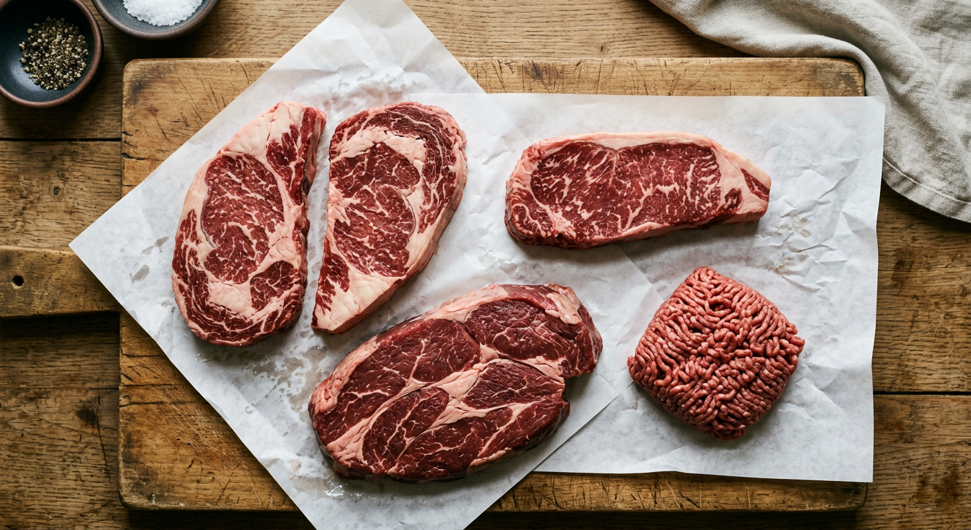 Fresh grass-fed beef cuts including ribeye, New York strip, chuck roast and ground beef on butcher paper