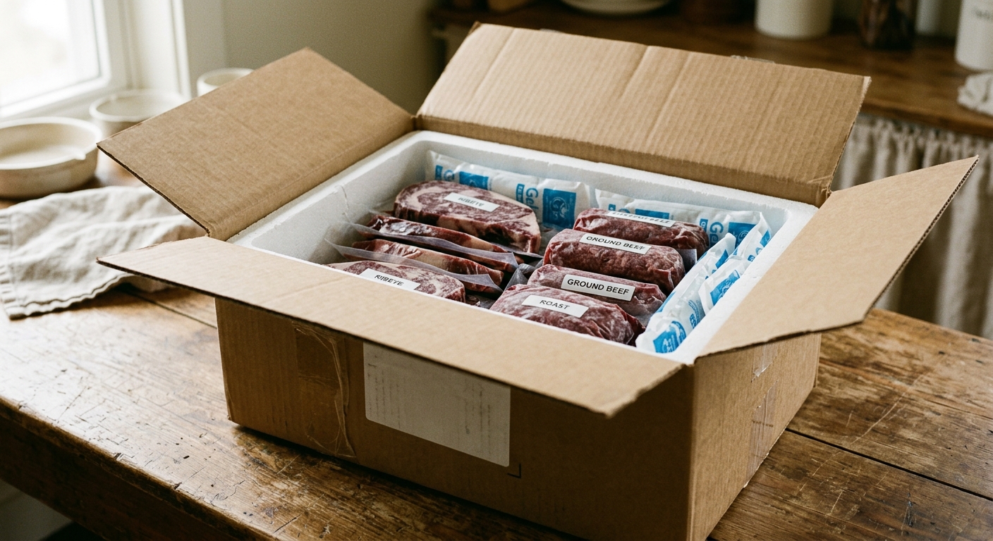 An open shipping box of frozen grass-fed beef packed with ice packs for direct-to-consumer delivery