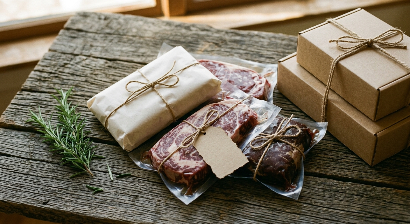Farm-fresh grass-fed beef cuts wrapped in butcher paper and boxed for direct-to-consumer sale